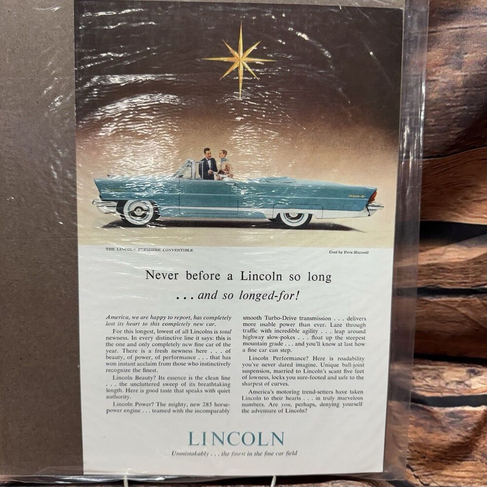 1956 Original Lincoln Premiere Convertible Print Ad Car Vera Maxwell